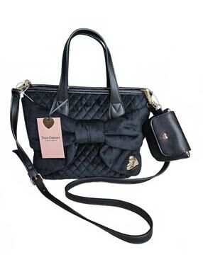 Juicy Couture Black Velour Bow Mini Tote Crossbody Bag w Mini Pouch NWT